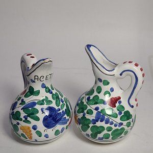 Vintage Vinegar & Oil Pitchers 2 Pc Set Hand Painted Ceramic 4.25" Tall